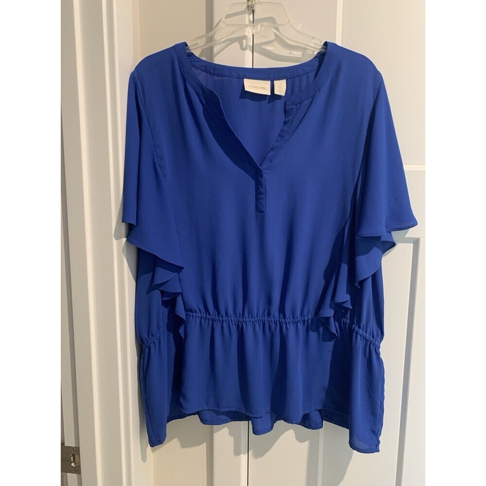Chico's Women's Top Blouse Royal Blue Ruffle Sleeve V-Neck Peplum Waist Sz 3 XL